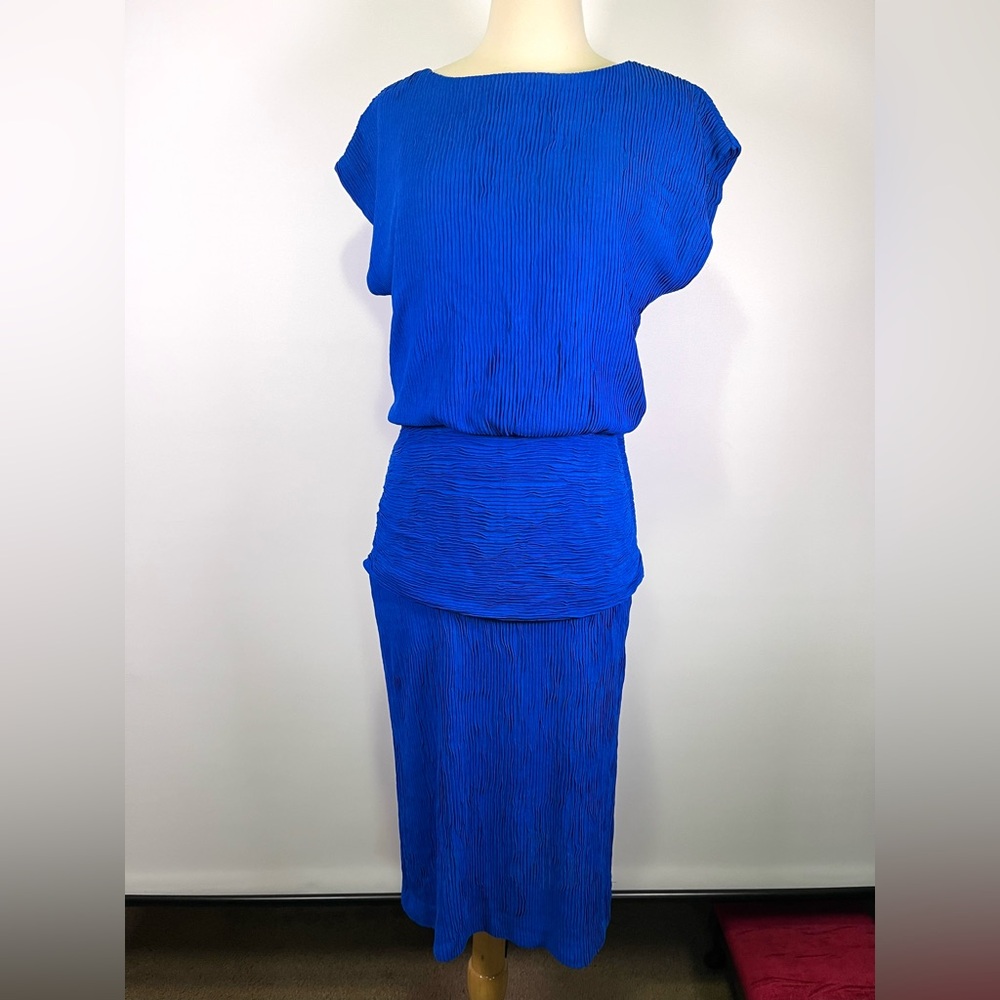 VTG 80s L.T.D. Roberta Blue Pleated Midi Drop Waist Dress Sz S/M Avant garde - Picture 2 of 10